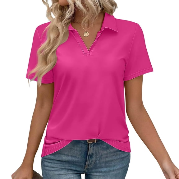 DORKASM Plus Size Collared Polo Shirts Summer Short Sleeve V Neck Business Tops for Women Hot Pink 2XL