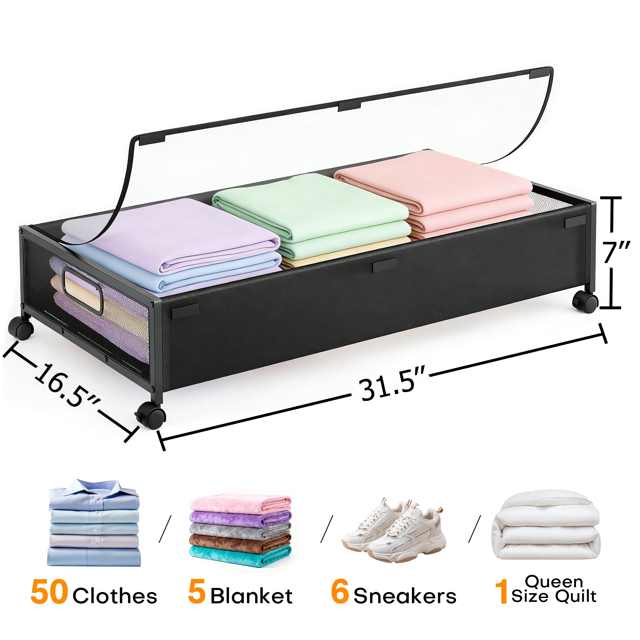 GARITIN Under Bed Storage Containers with Wheels, 2 Pack Underbed Shoe Storage Organizer with Clear Lids, Rolling Under Bed Metal Drawers for Clothes, Blankets, Black