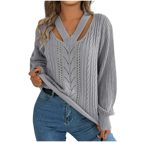 Scyoekwg Womens Sweaters Fall Winter Clothes Knitted Sweater Solid Color V-Neck Sweater Warm Casual Long Sleeve Pullover Sweater Tops(Gray,S)