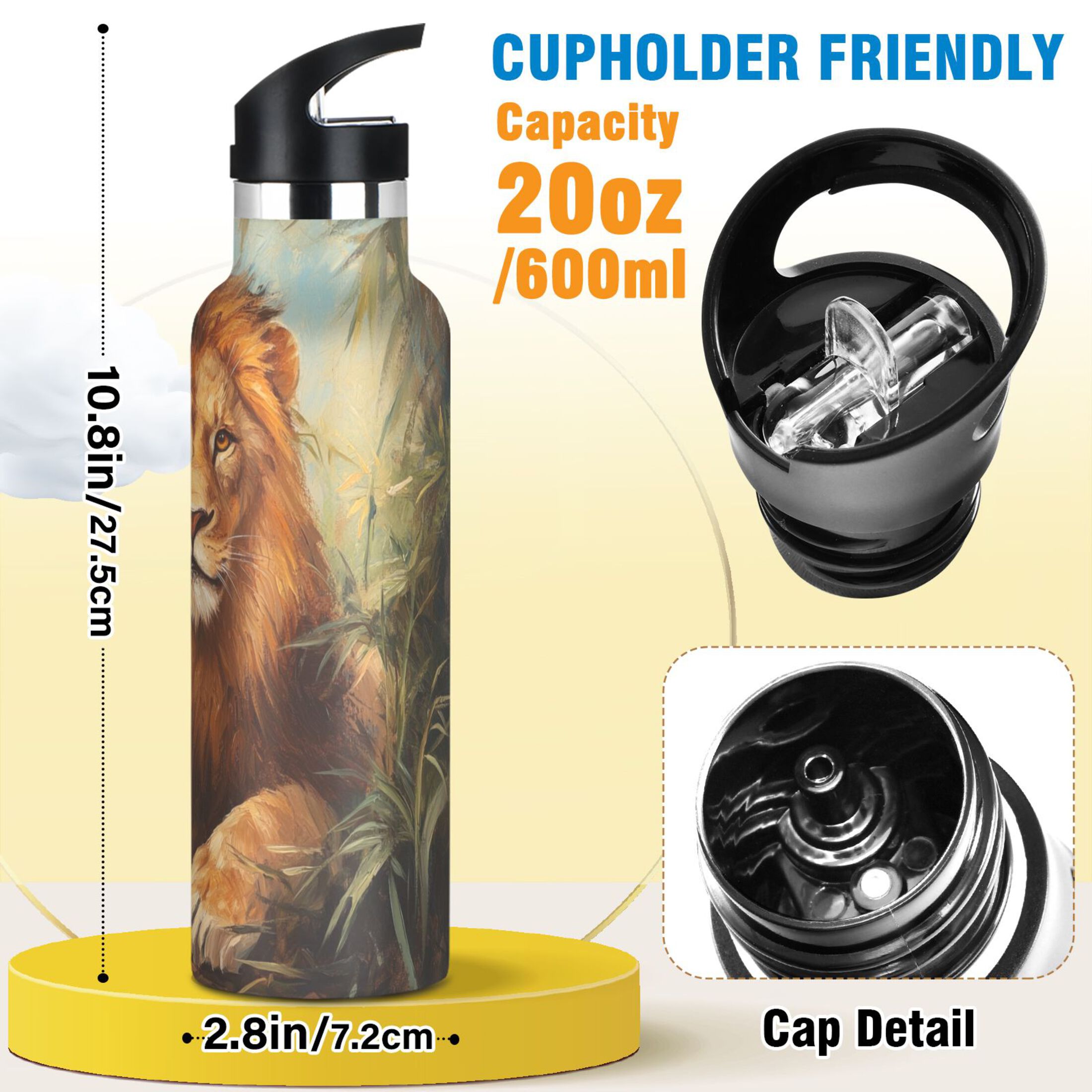 600ML Stainless Steel Insulated Cup Sports Water Bottle Portable Thermos Cup Water Glasses Insulated Tumblers Convenient and Durable Lovely Lions