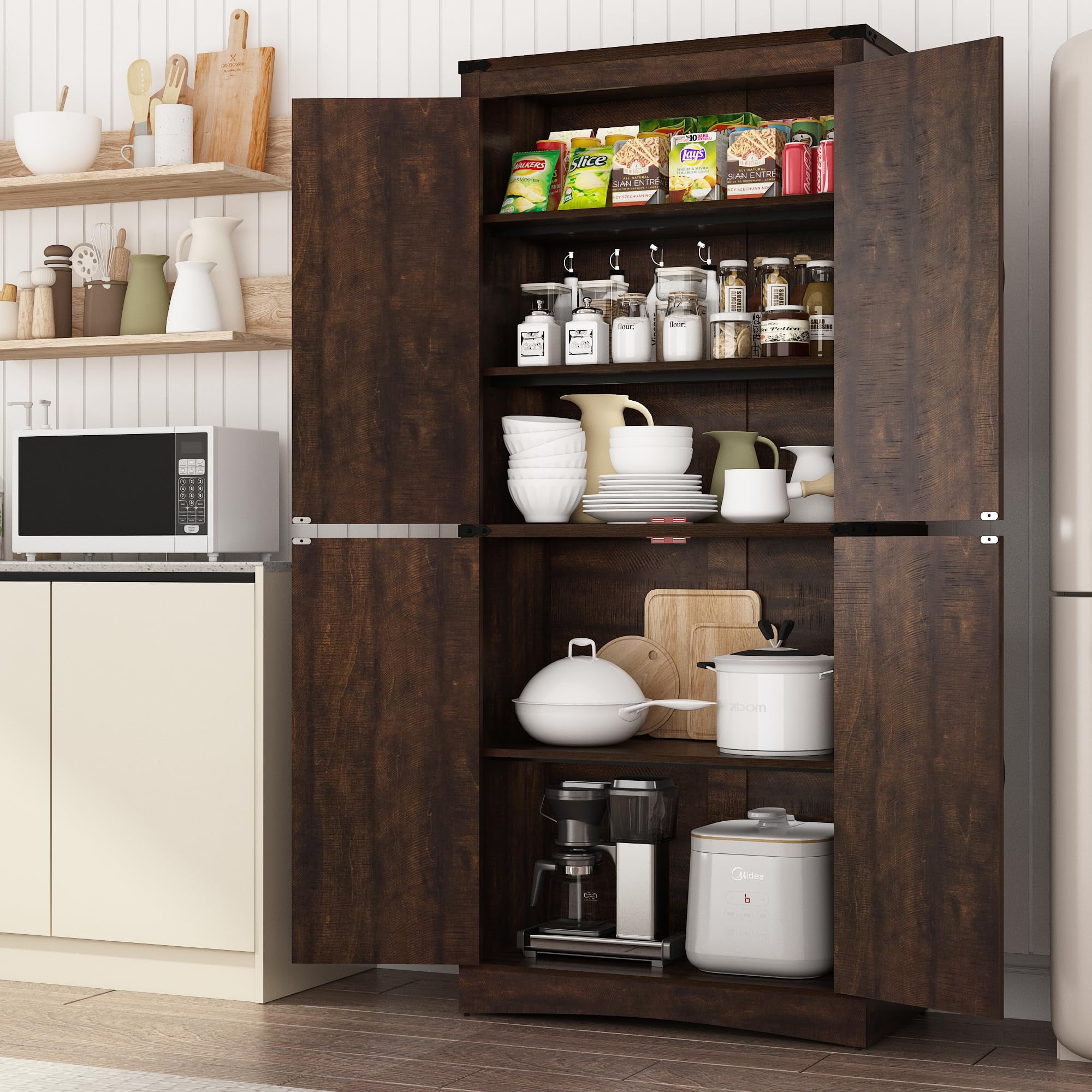 ChVans 71" Tall Farmhouse Kitchen Pantry Storage Cabinet, 5 Layers Freestanding Cupboard with Adjustable Shelves & Load-Bearing Steel Pipe & 4 Barn Doors for Kitchen, Dining Room, Living Room, Brown