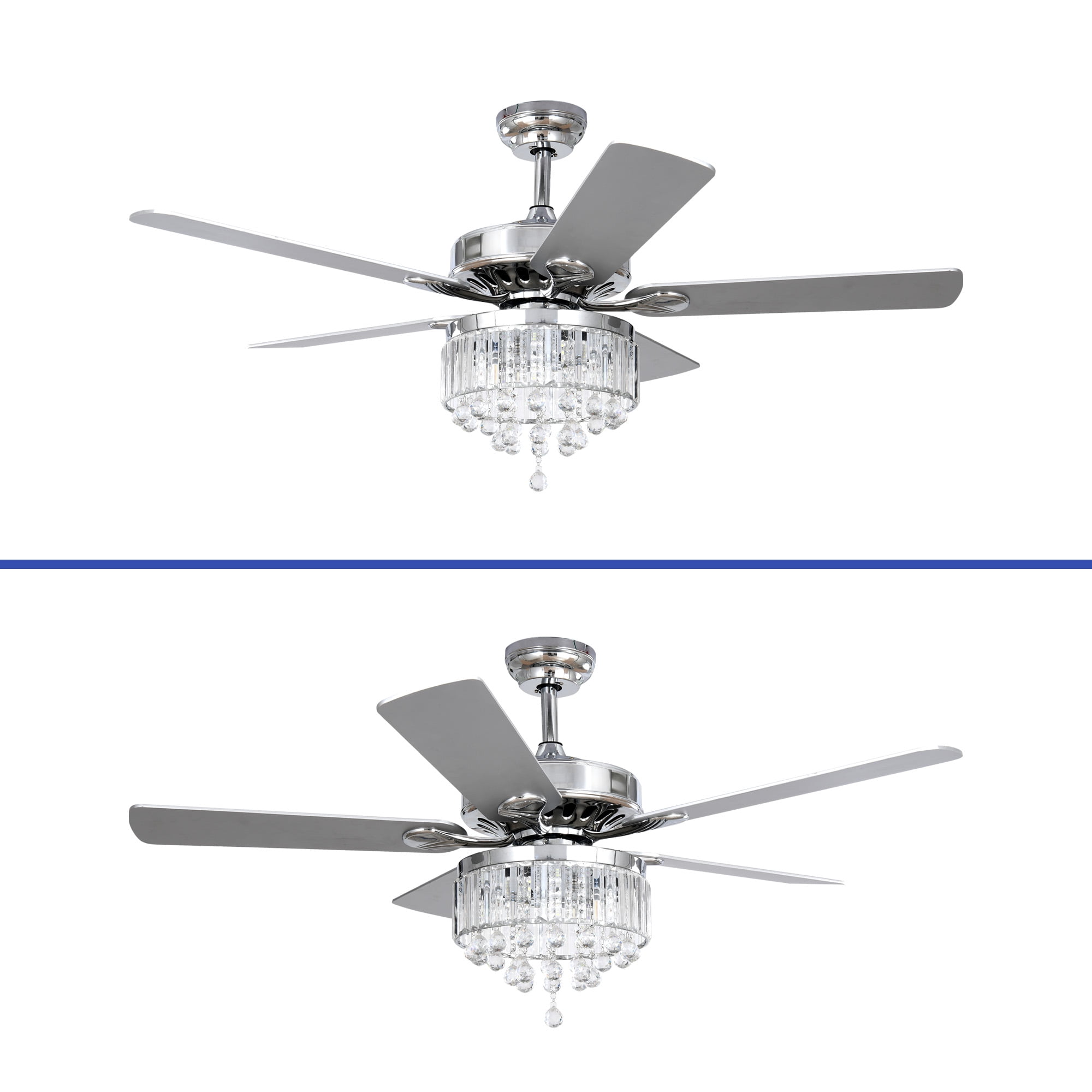 ModFusion 52in Elegant Ceiling Fan with Crystal Chandelier, Quiet Motor, 6-Speed, Chrome Finish, Wall Control