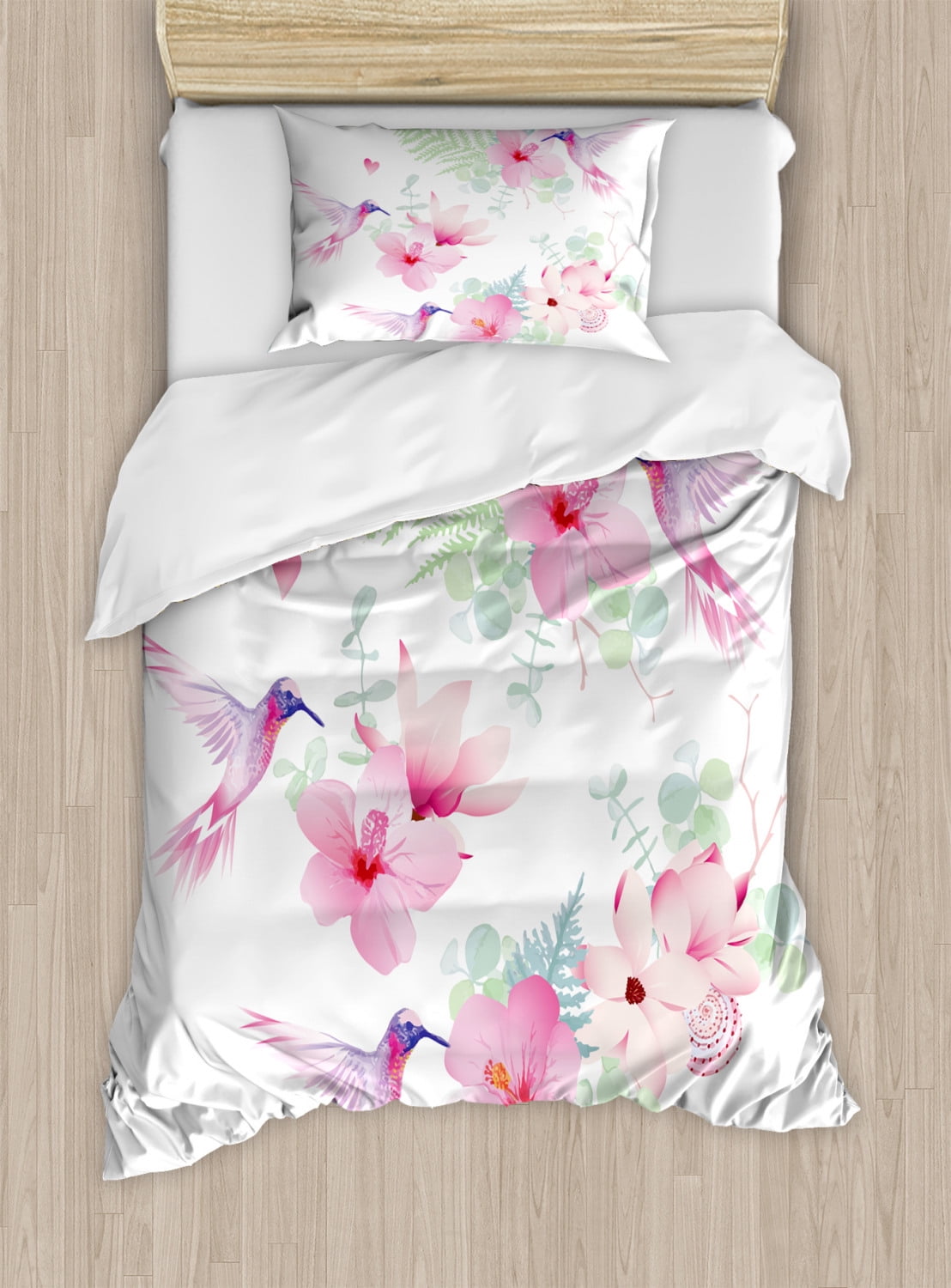 Hummingbirds Duvet Cover Set, Tropical Flowers with Flying ...