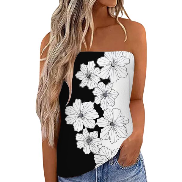 Gráfico camisetas sin mangas para las mujeres Mujeres estampado sin tirantes Bandeau Casual sin mangas verano vacaciones suelta vacaciones Top camisa blusa mujeres Tops (White, M)