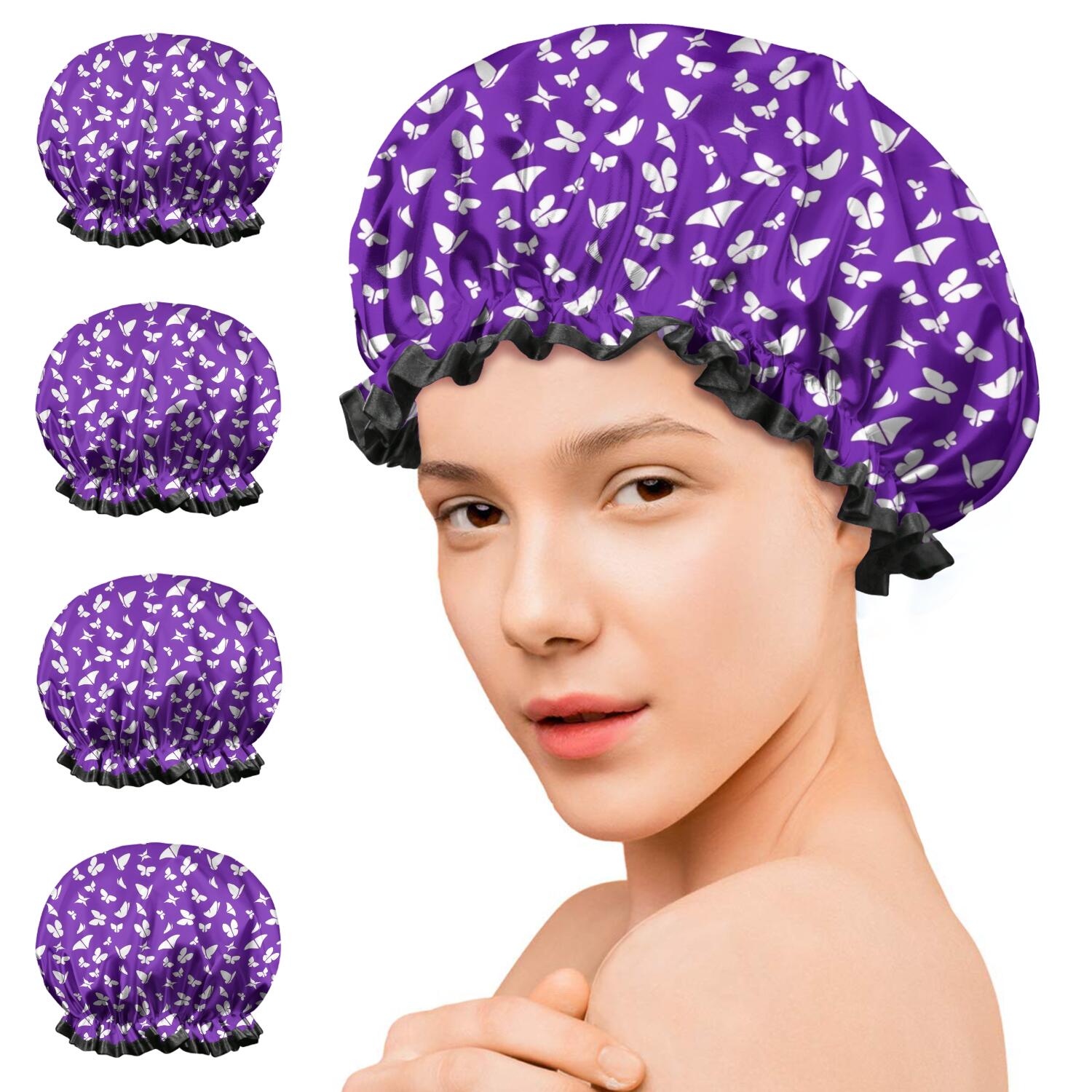 Shower Caps,Purple White Butterfly Pattern Waterproof Shower Cap for Women 4 Pieces,Double Reusable Hair Cover for Shower PEVA Elastic Stretch Hem