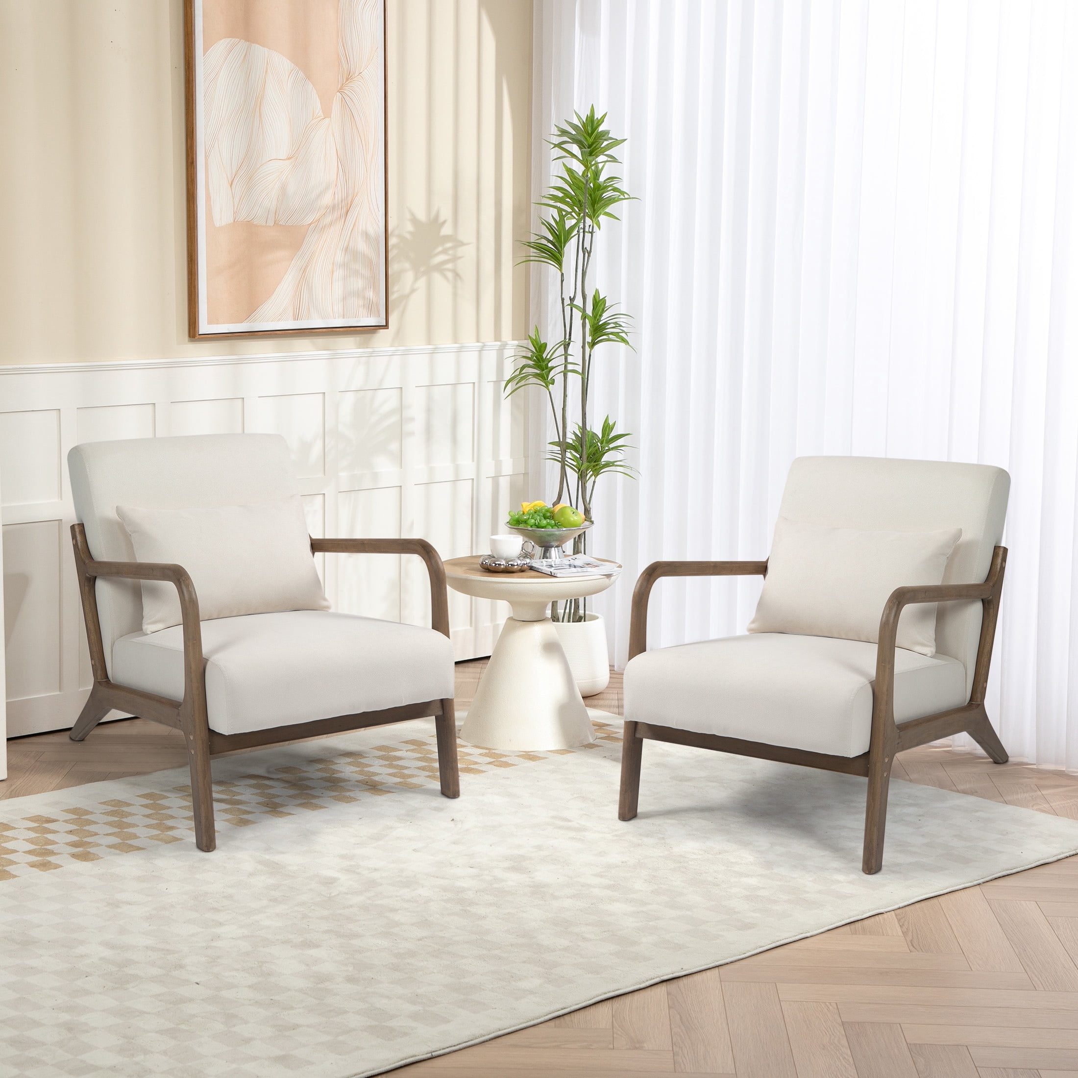 PAPROOS Accent Chair Set of 2, Mid-Century Modern Armchair with Solid Wood Frame and Pillow, Velvet Fabric Upholstered Reading Chair for Living Room Bedroom, White