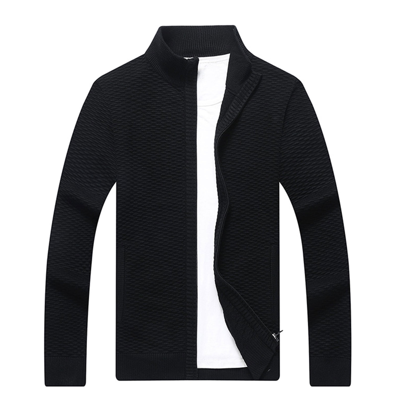 Mens Solid Color Casual Stand Collar Knit Cardigan Sweater Jacket (Medium, Black)
