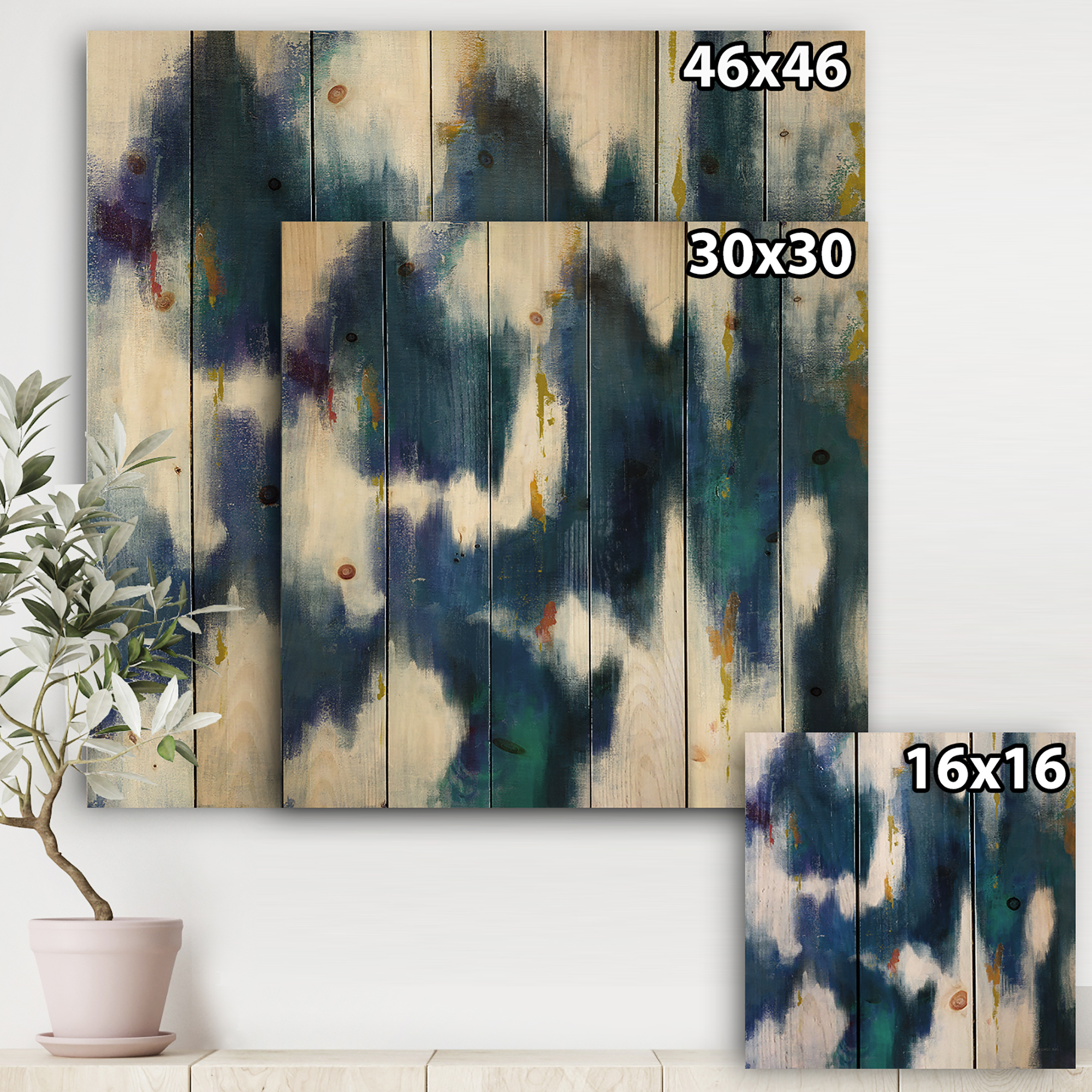 Designart 'Fractal Blue Glam Texture II' Contemporary Print on Natural Pine Wood