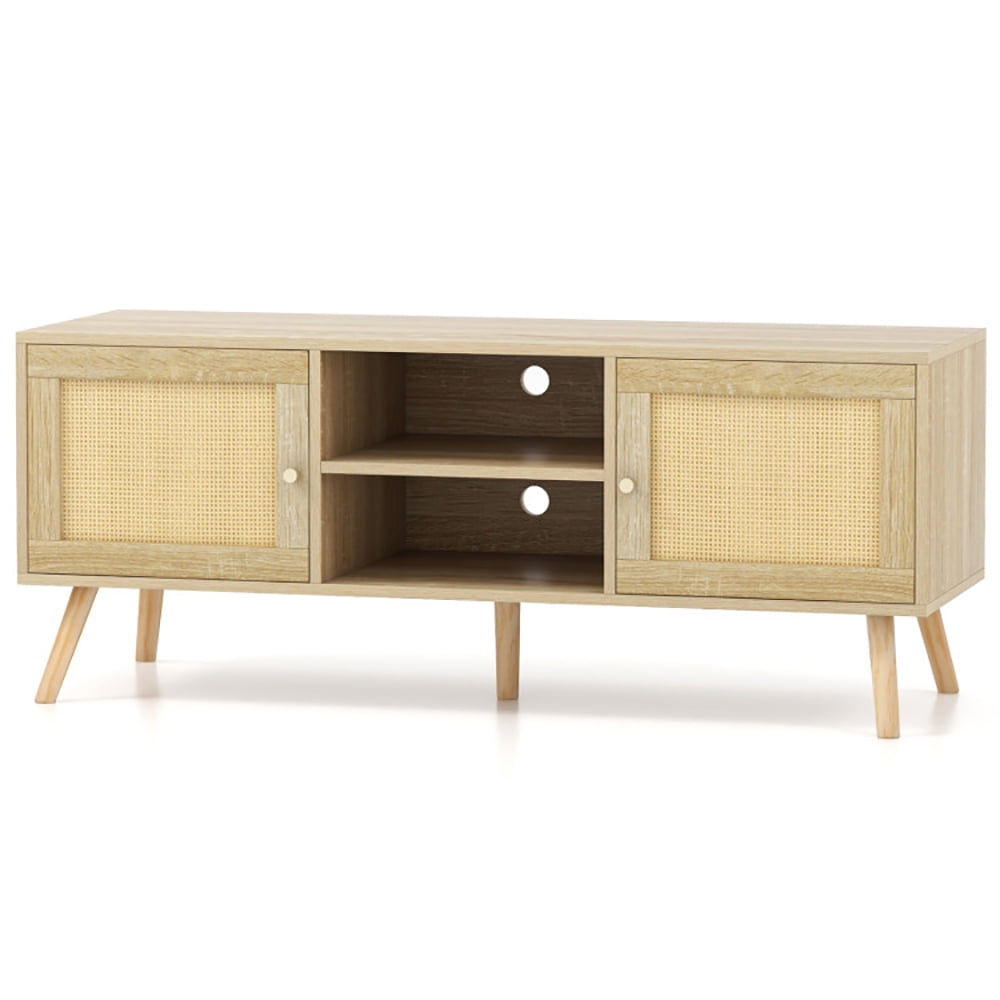 Finihen TV Stand, PE Rattan Media Console Table with 2 Cabinets and Open Shelves, Media Entertainment Center with Storage, for Living Room, Natural
