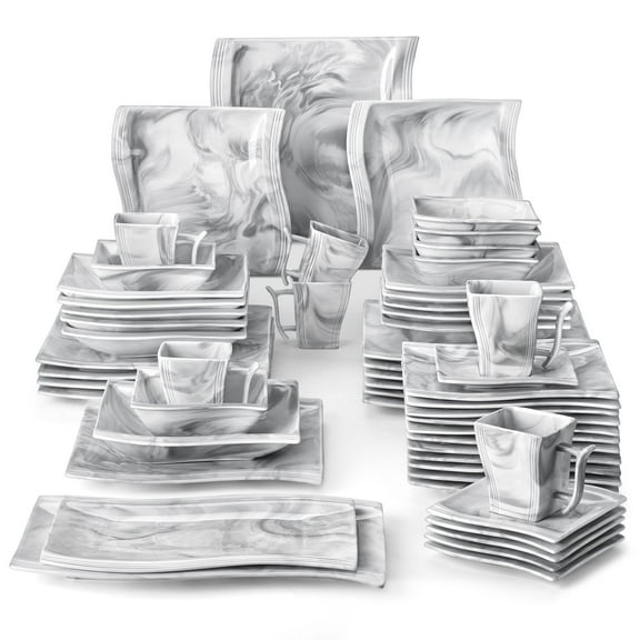 MALACASA Dinnerware Sets, Porcelain Dinner Set, 56-Piece Square Marble Grey, Series Flora