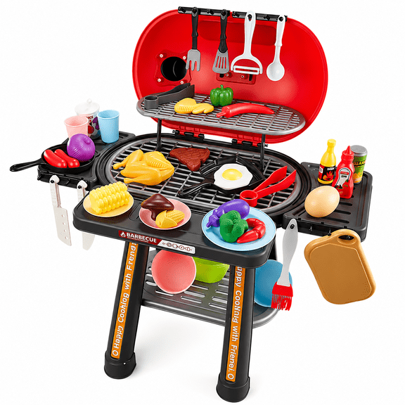 Taotique Kids Kitchen Toy Set, Kids BBQ Grill Kitchen Playset with Smoke, Sound & Light, 2-Layer Barbecue Indoor Outdoor Play Grill Toy Gift for Toddler Girl Boy Toy 3 4 5 6 7 8 Year Old