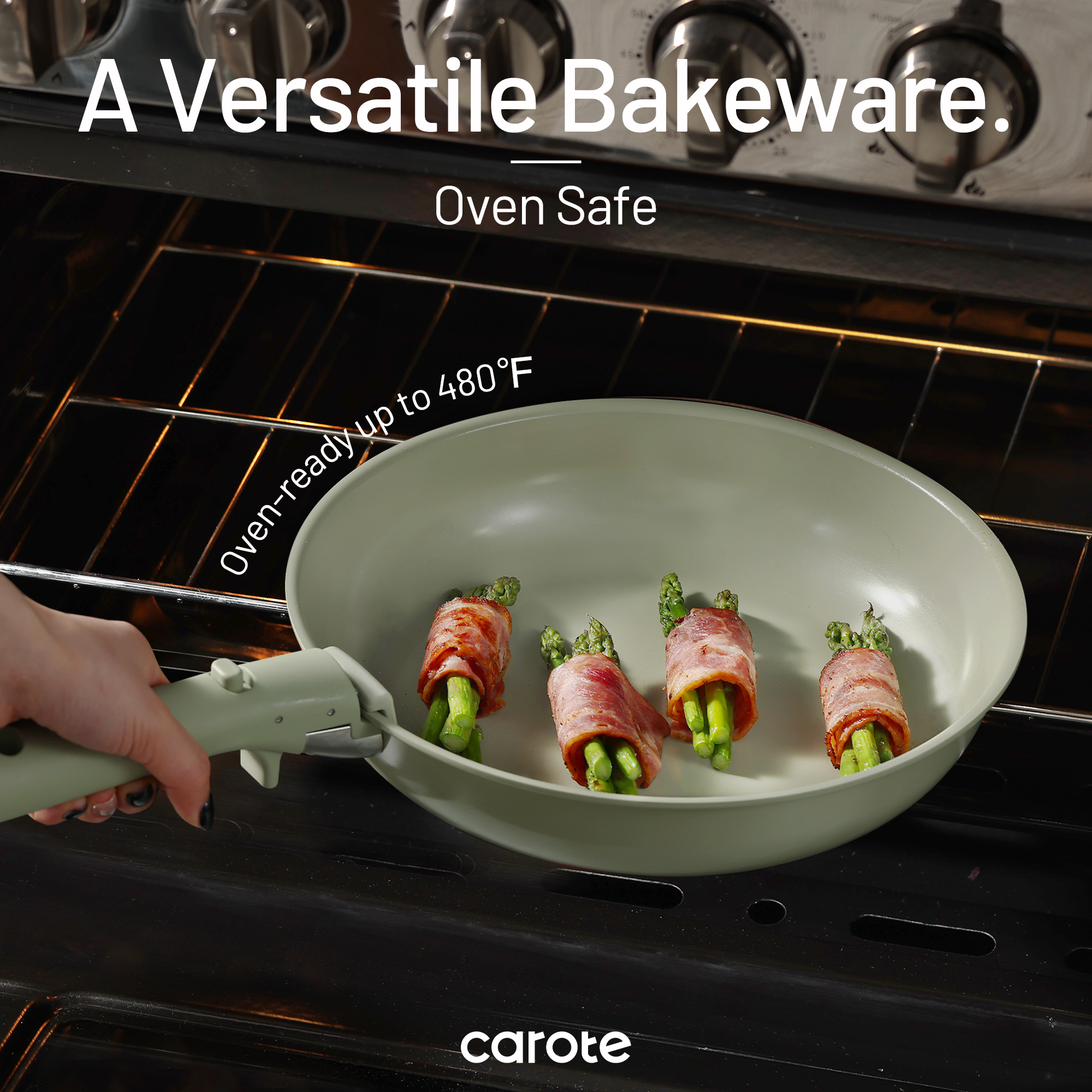 Carote 16-Piece Ceramic Nonstick Cookware Set, Pots and Pans Set with Detachable Handle, Induction Compatible, Oven & Dishwasher Safe, Sage Green