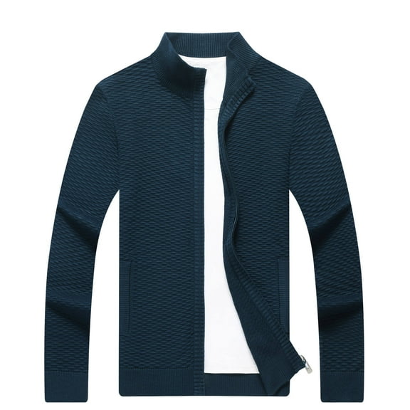 Holloyiver Men's Solid Color Casual Standing Collar Knit Cardigan Sweater Jacket Navy