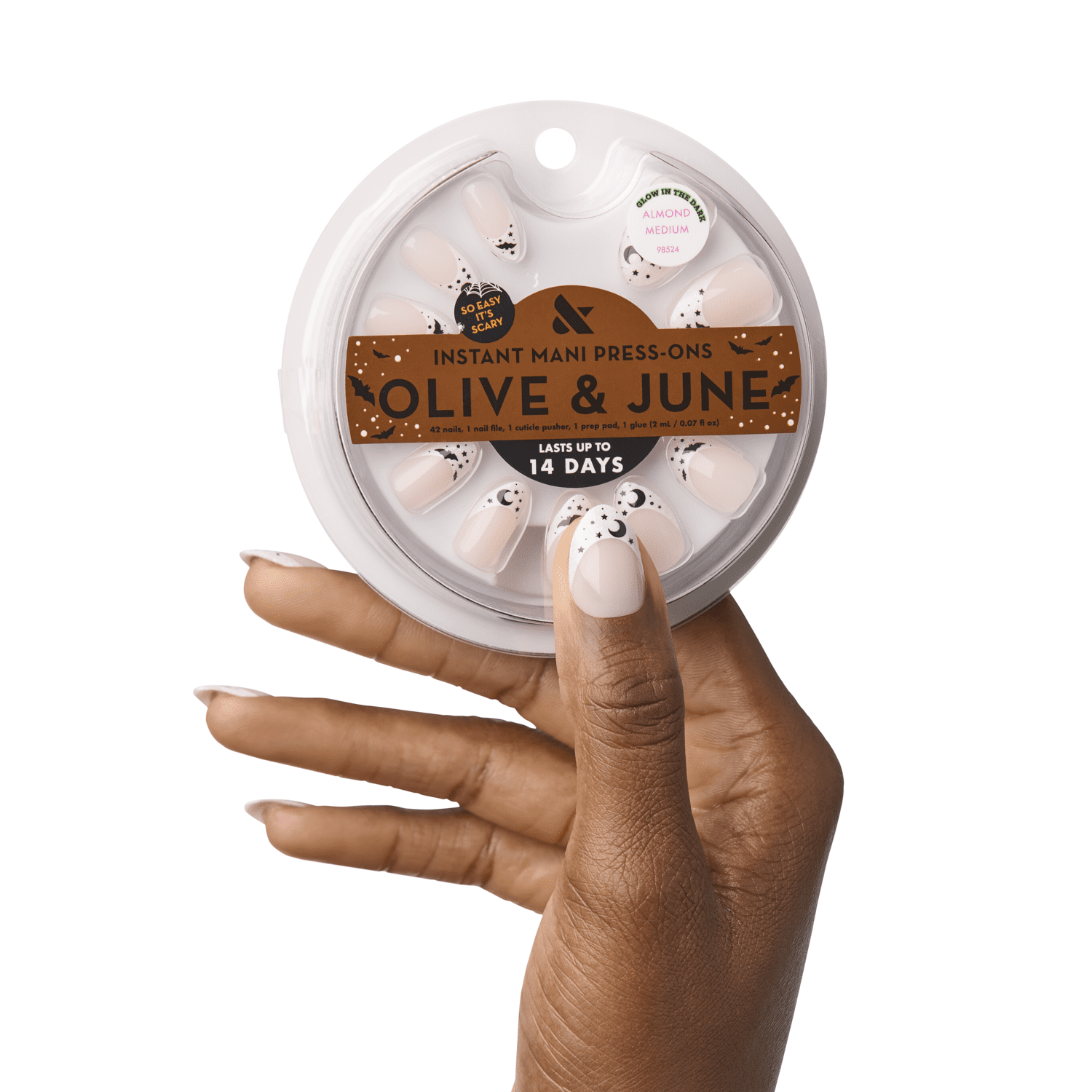 Olive & June Instant Mani Glow in the Dark Medium Almond Press-On Nails, Witching Hour French, 42 Pieces