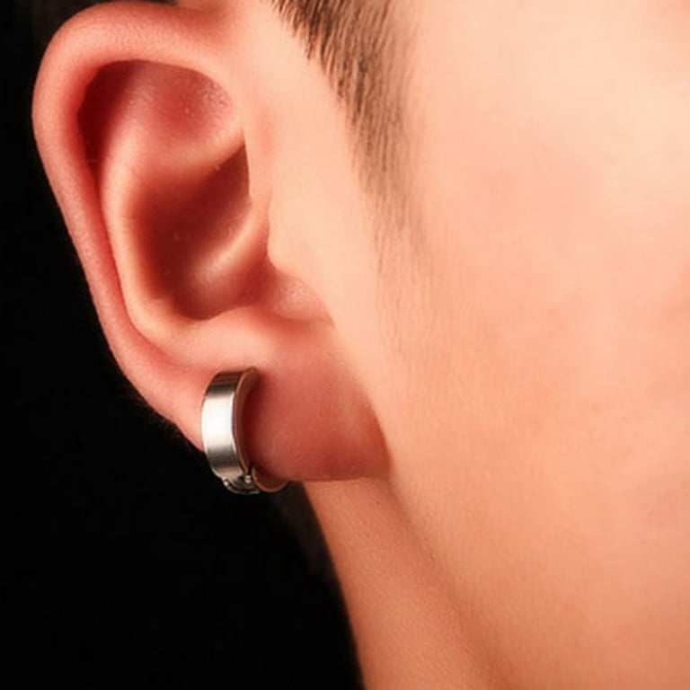 Yesbay 1 Pair Men Stainless Steel Non-Piercing Clip on Ear Stud Cuff Hoop Earrings-Silver, Women's, Size: Small