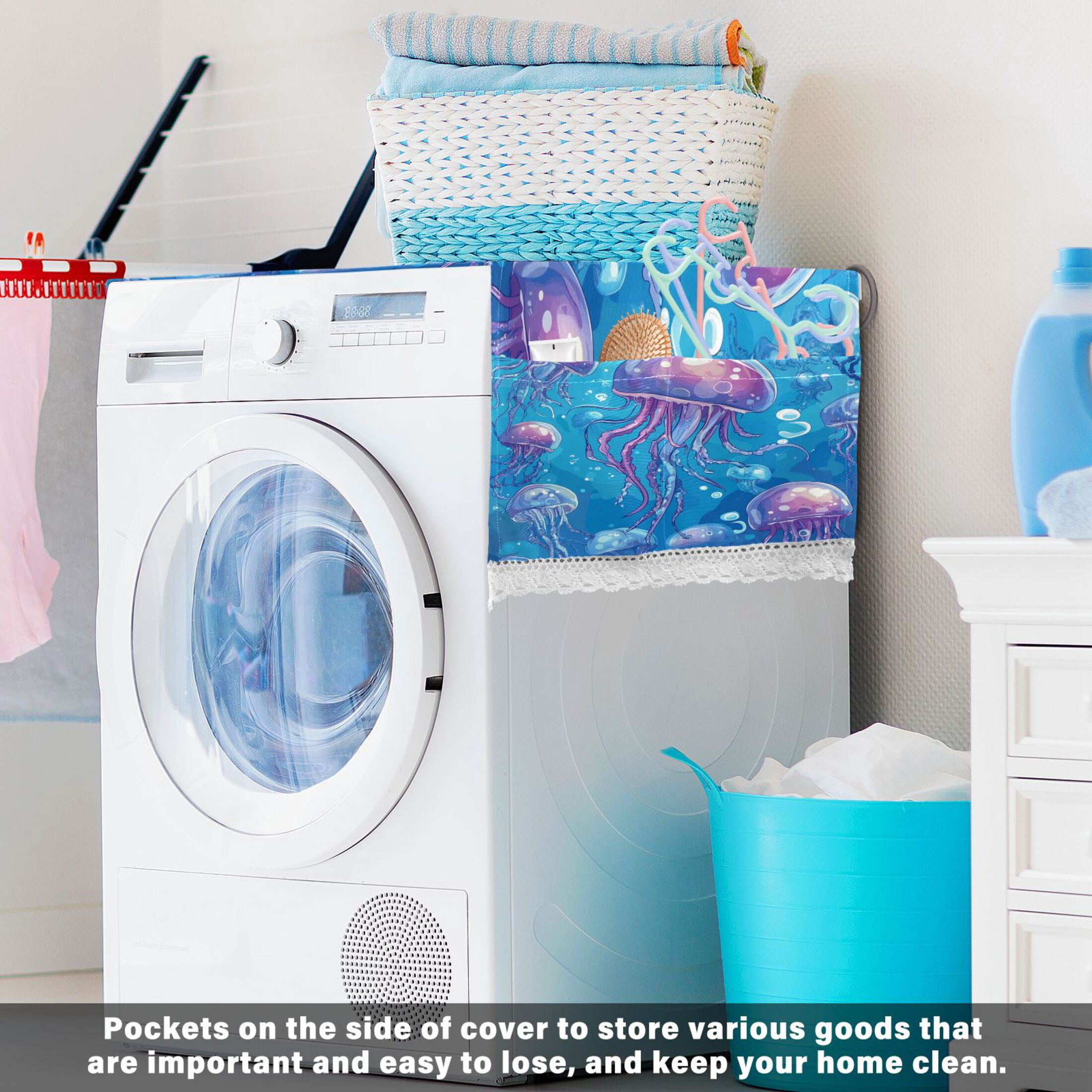 Cartoon JellyfishWasher and Dryer Covers Dust-Proof and Oil Resistant Fridge Cover with 4 Storage Pockets Washing Machine Top Cover for Laundry Kitchen Home 51.2 x 22 In