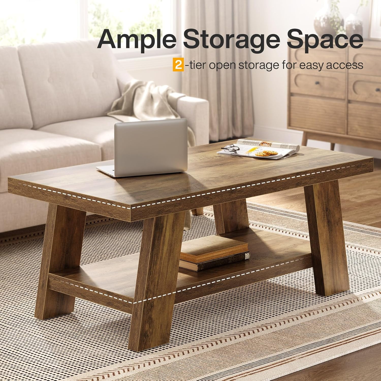 Tribesigns 2-Tier Rectangular Coffee Table, 47.24" Farmhouse Center Table with Storage Shelves for Living Room (Rustic Brown)