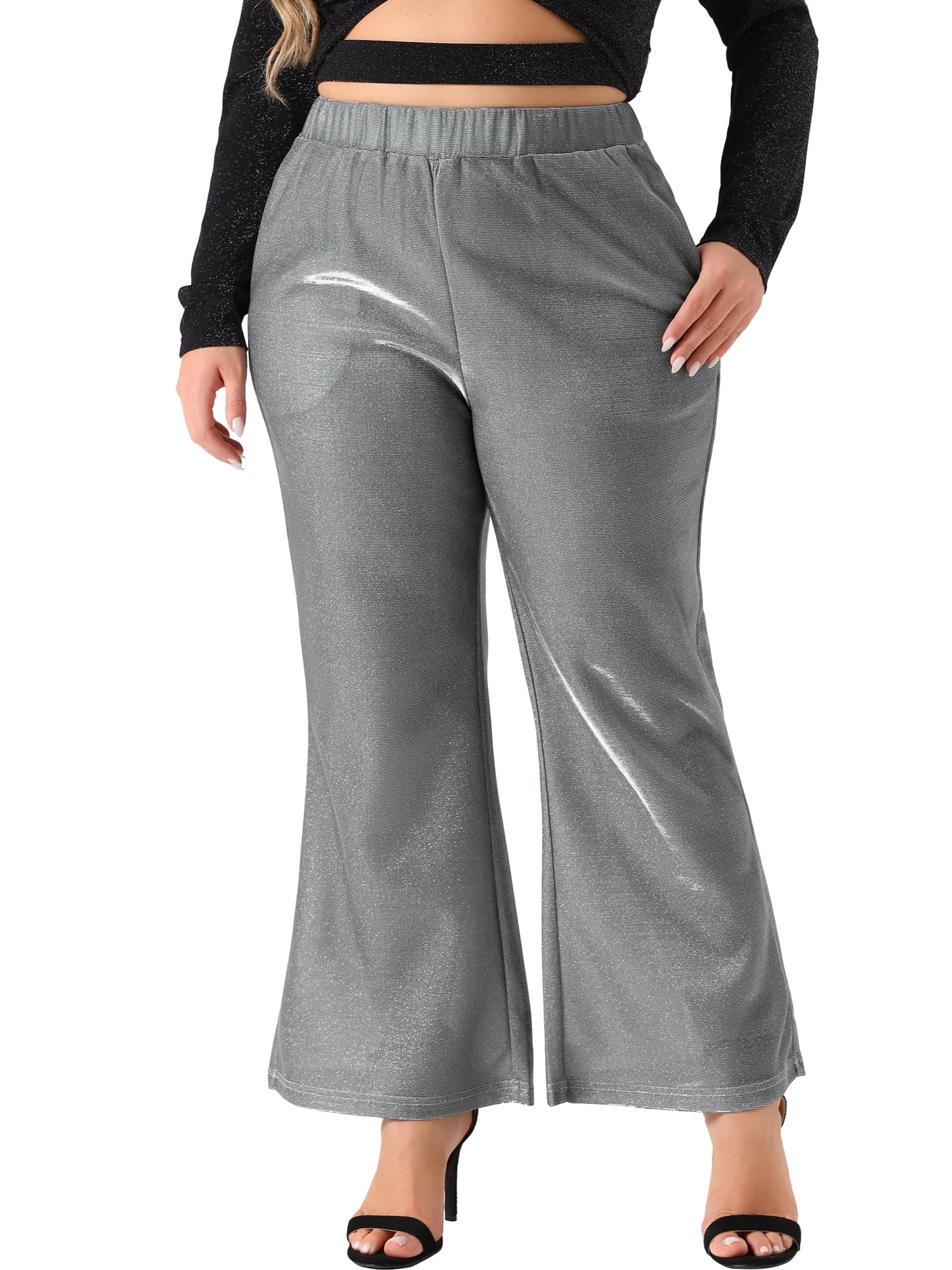 DARING DIVA Women's Plus Metallic Sparkly High Waist Wide Leg Pants 3X Silver