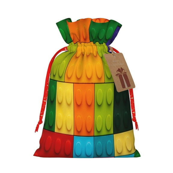 Naloa Colorful Building Blocks Drawstring Christmas Bags, 3D Xmas Gift Bags, Christmas Wrapping Bags, Xmas Goodie Bags, Treat Pouch Bags, Party Favor Bags-Small