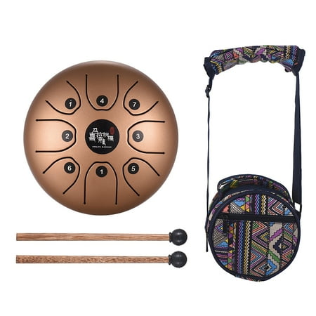 Round Drum 5.5 Inch Mini 8-Tone Steel Tongue Drum C Key Percussion Instrument Hand Pan Drum with Drum Mallets Carry Bag ()
