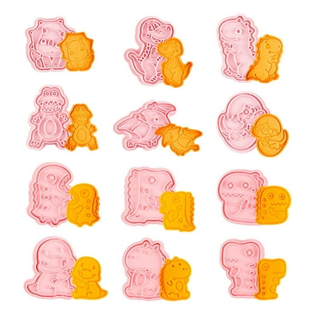 

12 Pieces Dinosaur Shape Cookie Moulds Plastic Material Fondant Push-type Moulds