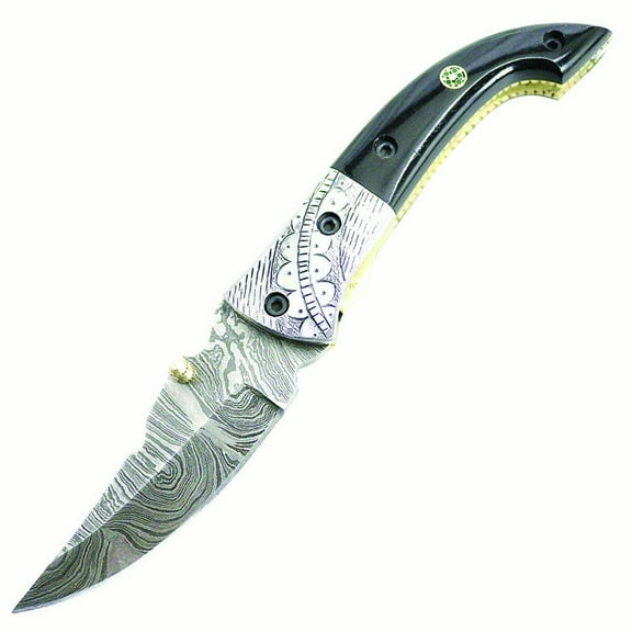 TheBoneEdge Style Blade Damascus Steel Folding Knife 8'  with Leather Sheath