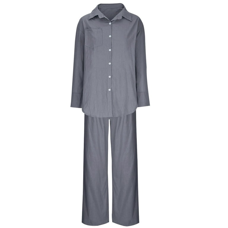 JNGSA Women's Two Piece Cotton Linen Set Plain Button Long