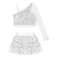 thumbnail image 4 of Alvivi Girls Sequins Long Sleeve One Shoulder Latin Jazz Dance Crop Top with Ruffle Skirted Shorts Silver 14, 4 of 7