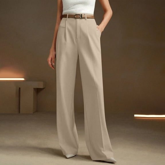 Women's High Waisted Straight Leg Dress Pants, Business Casual Work Slacks for Women, Solid Color Relaxed Fit Trouser Pants for Spring Summer Work Travel Beige L