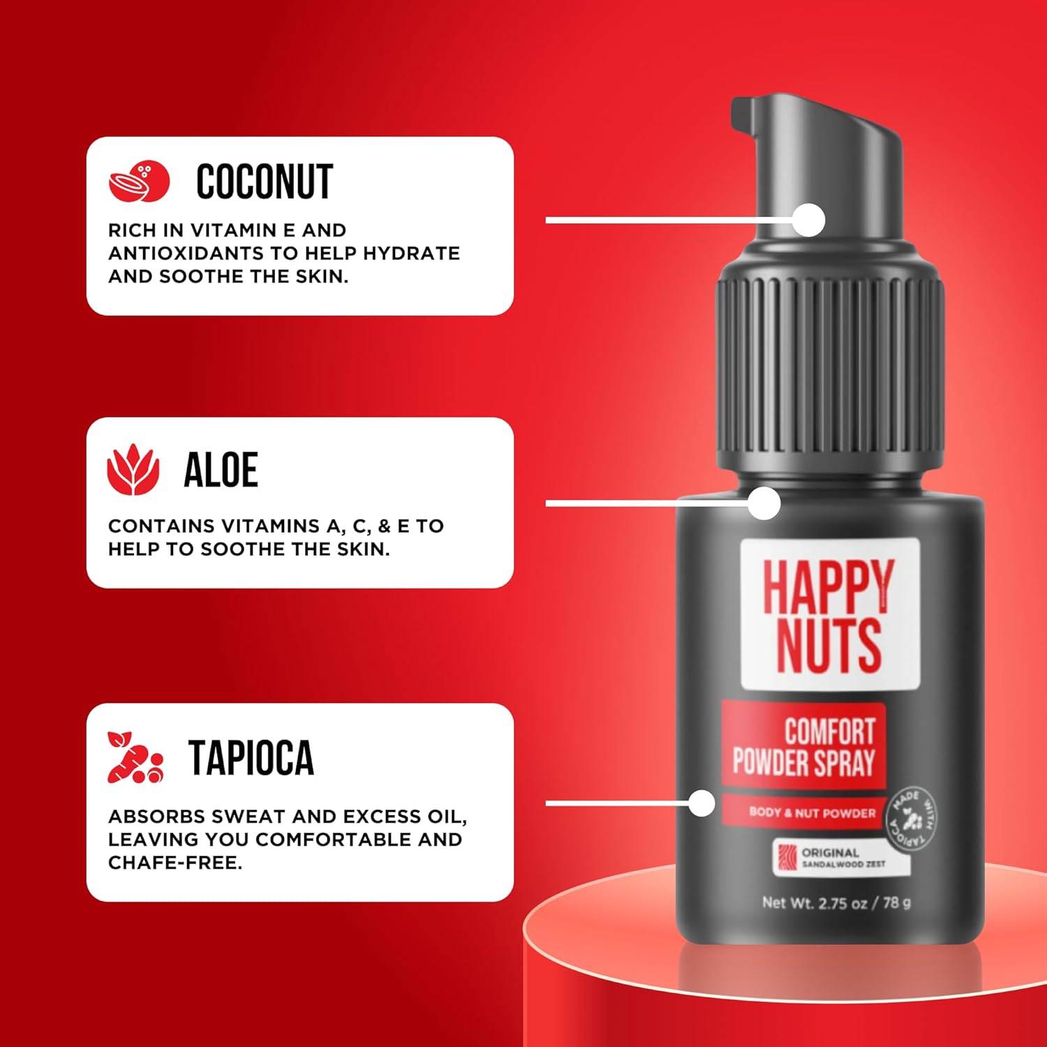 Happy Nuts Comfort Powder Spray, Anti-Chafing Body Powder Spray for Men, Aluminum Free, Vegan, 2.75 Oz
