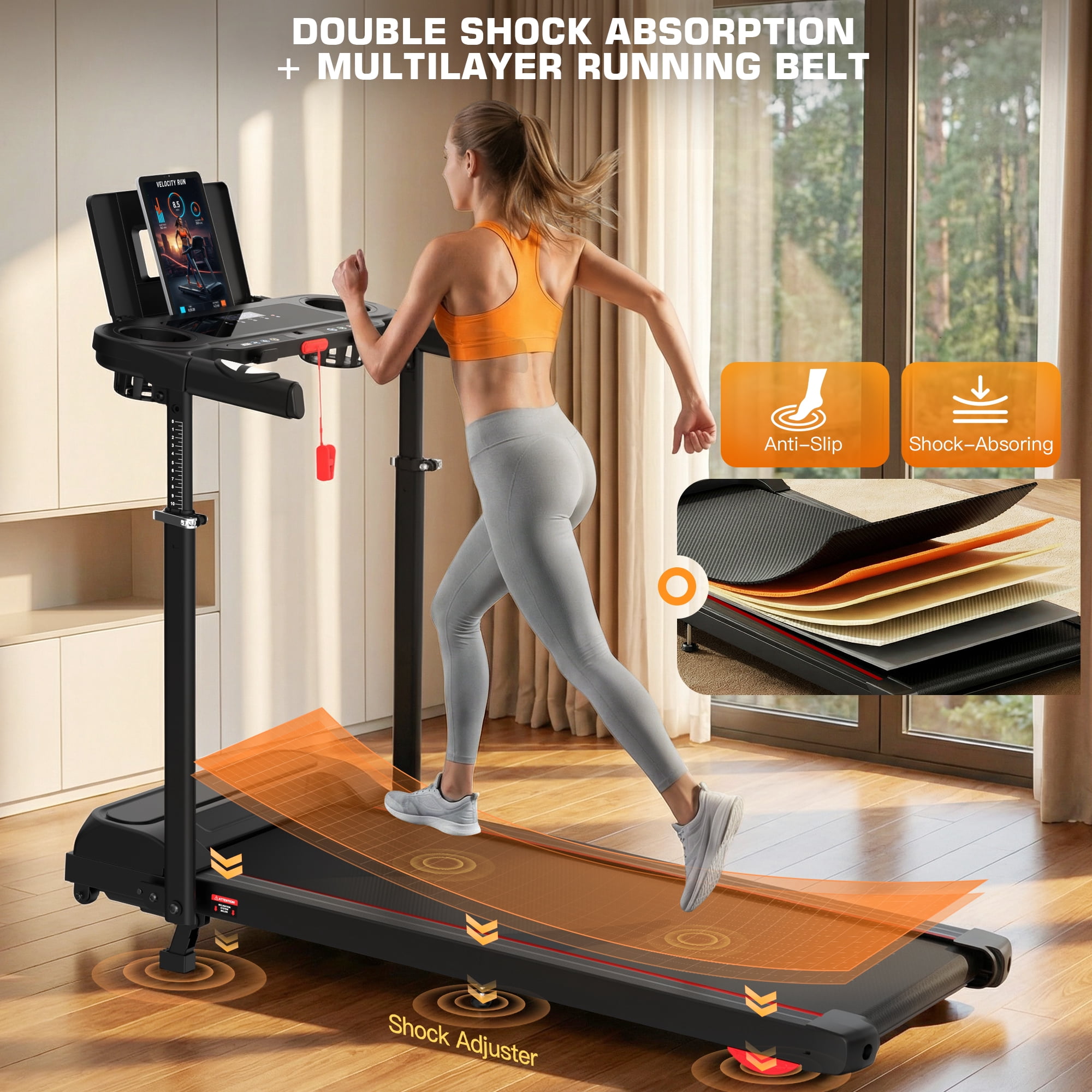 Kismom 8% Incline Treadmill with Adjustable Height & Foldable Workstation, 3.5HP Home Treadmill 300 lbs Capacity, 12 Programs & Heart Rate Monitor
