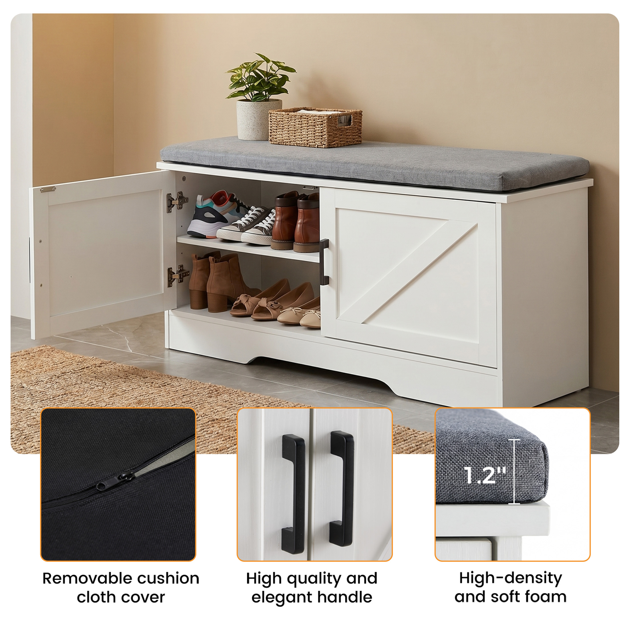 Concetta 39" Shoe Storage Bench with Cushion, White photo 7