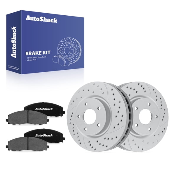 AutoShack Front Vented Drilled & Slotted Coated Brake Rotors Silver Matte Finish   Ceramic Pads 6-PC Brake Kit Replacement for 2012-2020 Dodge Grand Caravan TurboGuard 13.03" (331 mm)