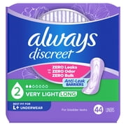 Always Discreet Incontinence Panty Liners for Bladder Leaks, Size 2, Very Light Absorbency, Long Length, 44 Count