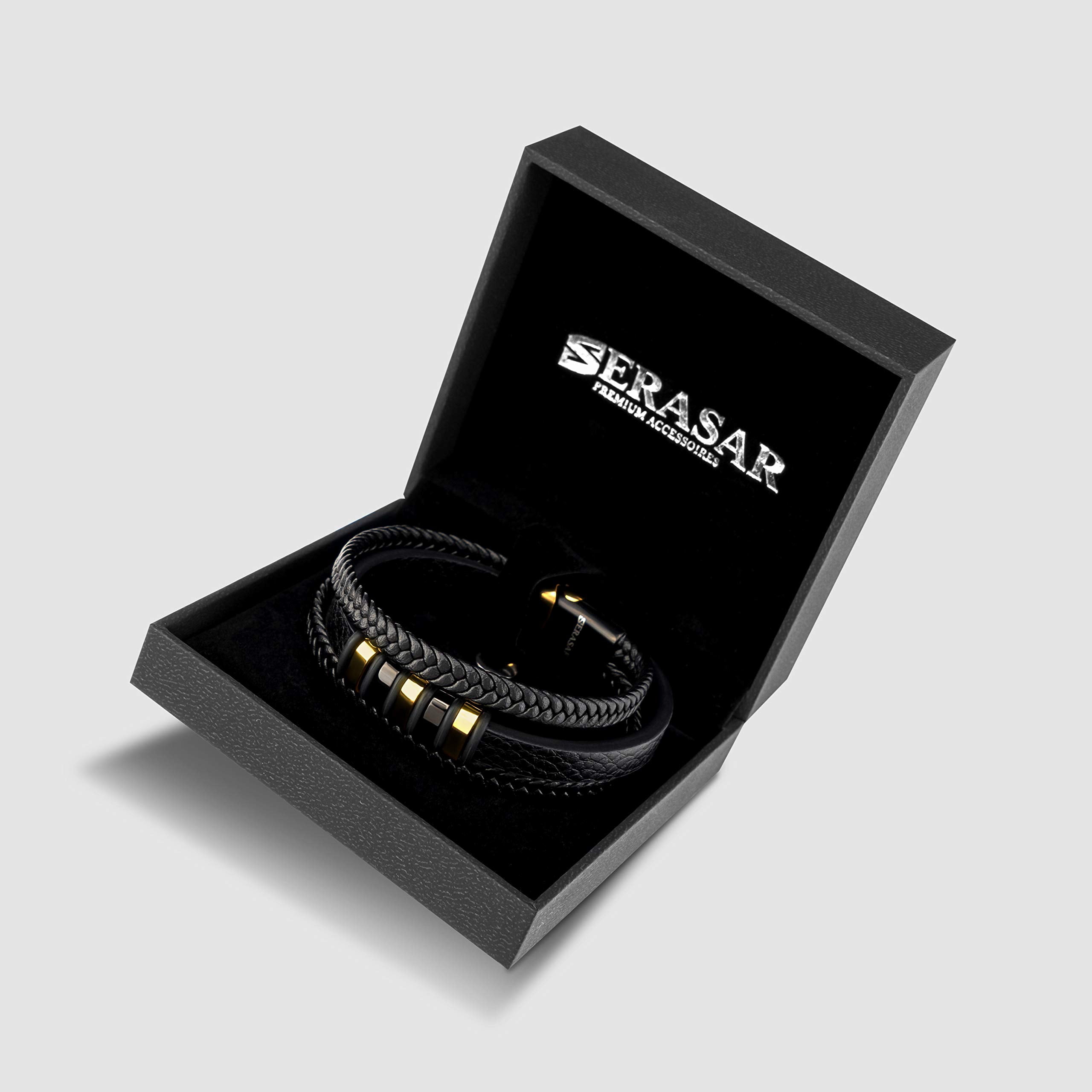 SERASAR Men's Leather Bracelet "Glory" with stainless steel magnetic closure, Gold 20cm, including gift box