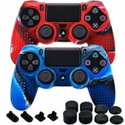 MXRC Silicone Rubber Cover Skin Case X 2 Anti-Slip Studded Dots Customize for PS4/SLIM/PRO Controller x 1(Camouflage Red & Blue) + FPS PRO Stick Cover Thumb Grips x 8 + Dustproof Plug x 4