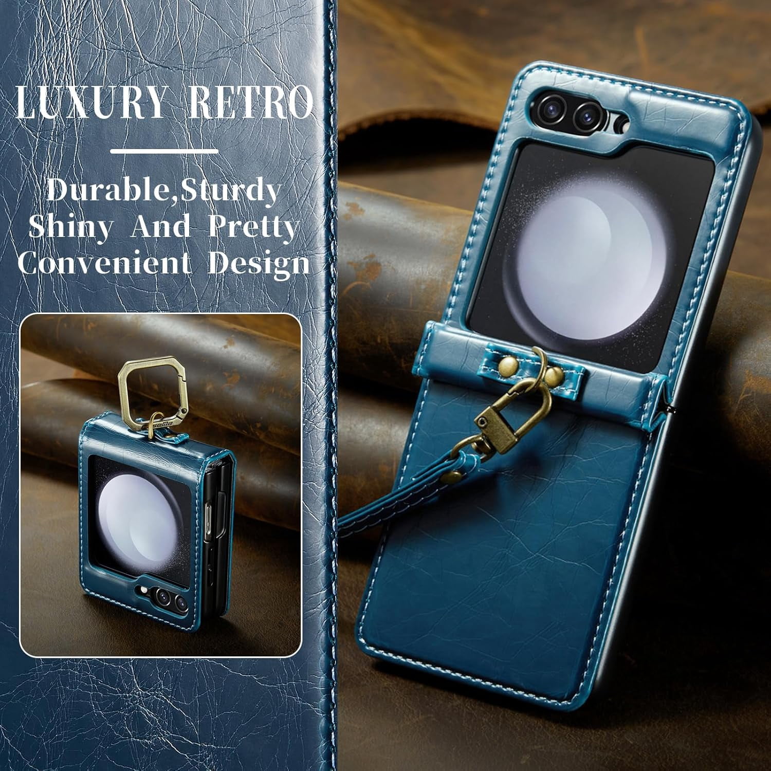 Phone Case for Samsung Galaxy Z Flip 5 5G 2023 with Lanyard Wrist Strap Thin Slim PU Leather Shockproof Hard Shell Protective Cell Cover ZFlip5 Z5 G Flip5 5Z Women Girls Blue
