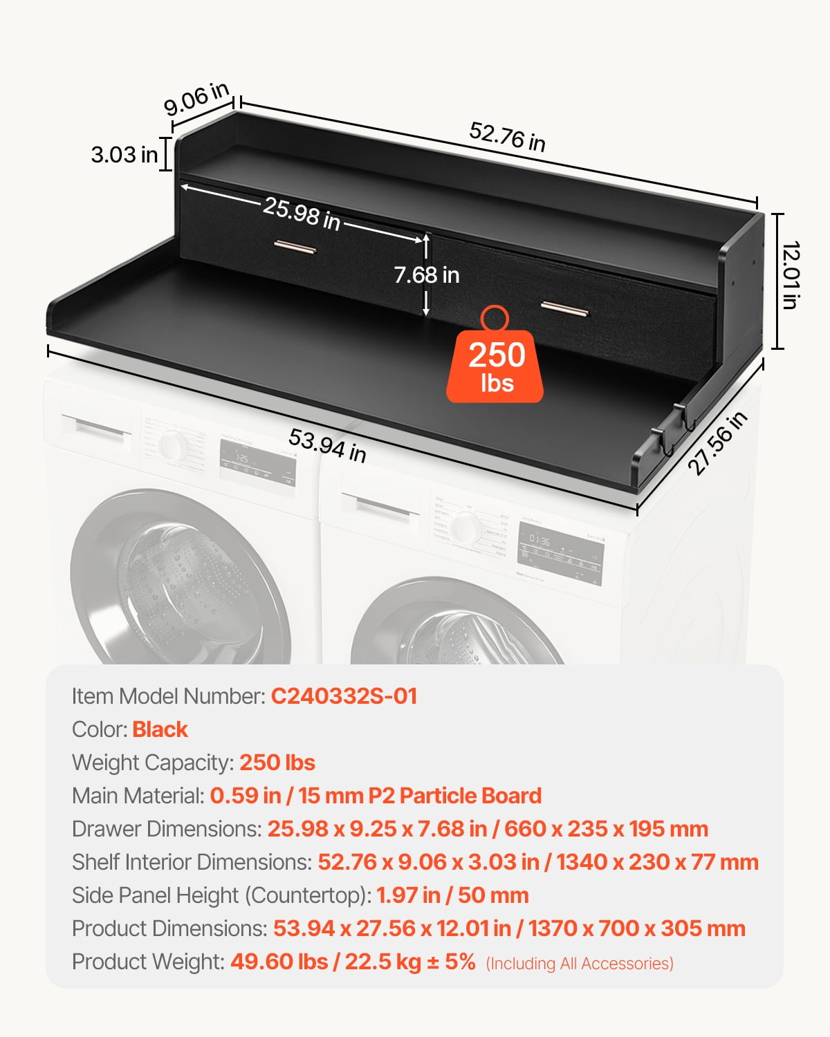 KFFKFF Laundry Room Organizer with Dual Drawers and Double Layer Shelf, 54" x 27" Wood Constructed Washer-Dryer Top, Equipped with Anti-Skid Pads, Water-Resistant Black Laundry Surface