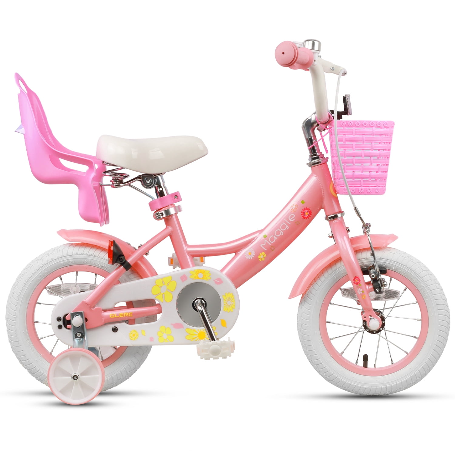 Glerc Kids Girls Bike 14 Inch for Ages 3-5 Pink White Adjustable