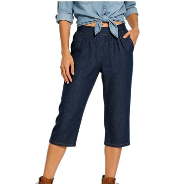Women's Capri Faux Denim Pants Stretch High Waisted Straight Leg 2026 Summer Fashion Pants