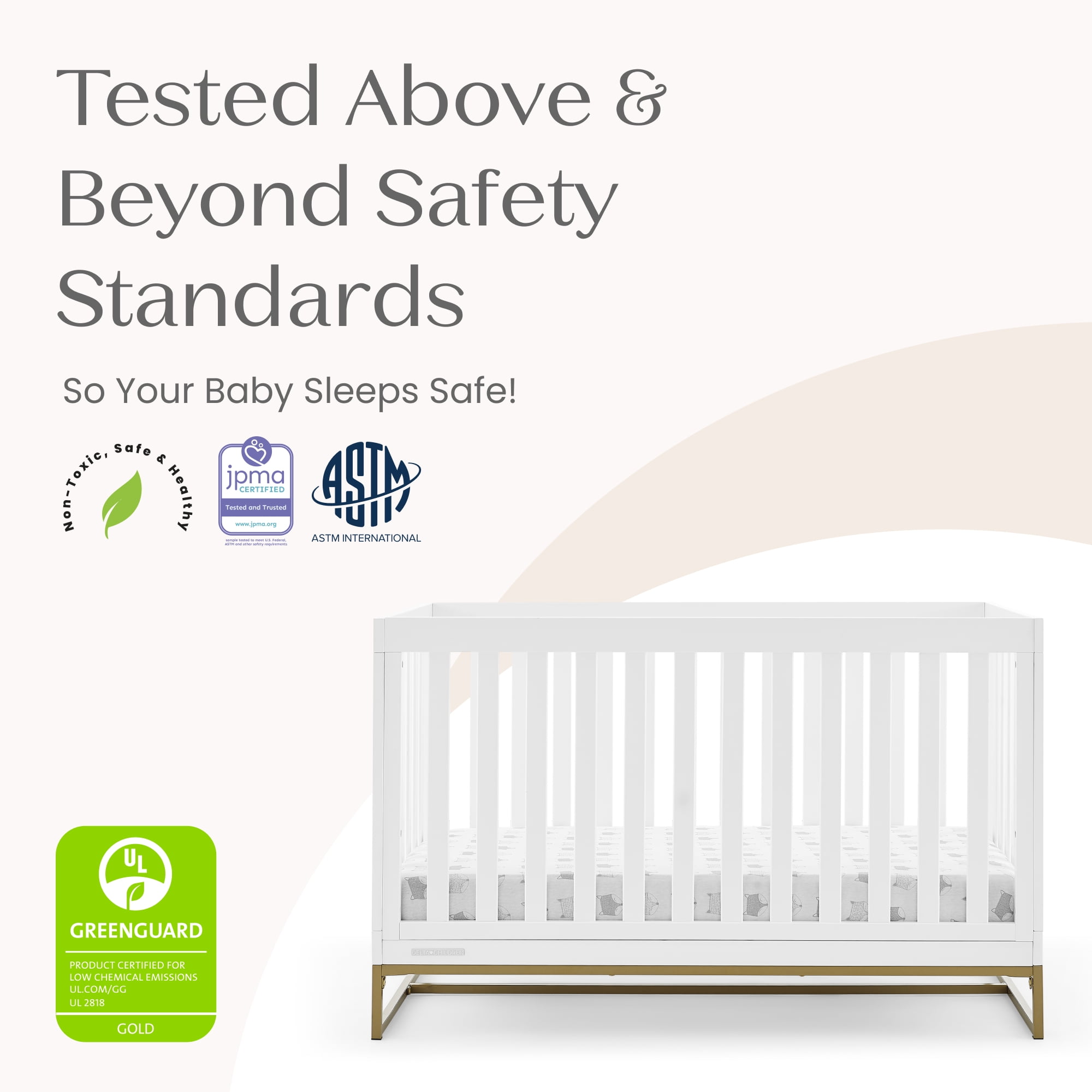 Delta Children Jade 4-in-1 Convertible Baby Crib - Greenguard Gold Certified, Bianca White/Bronze