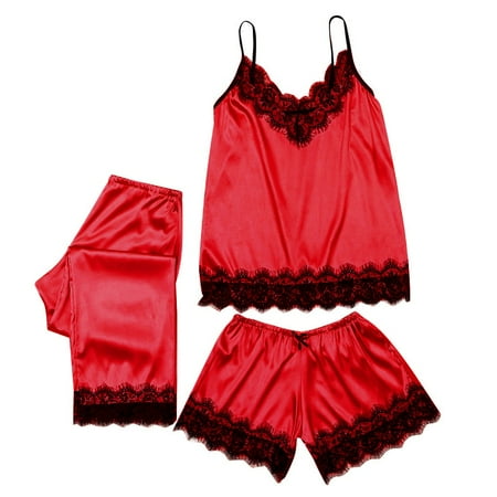 

BIZIZA Pajama Sets for Women 3 Piece Solid Color Satin Shorts and Pants Sleeveless V-Neck Cami Comfortable