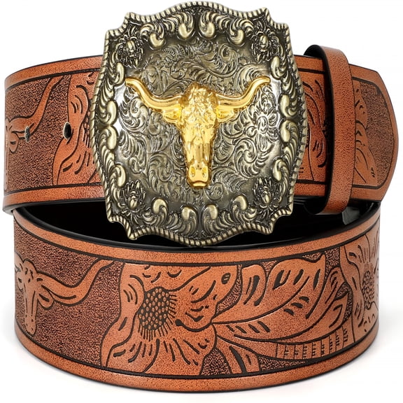 TELOLY Women Men Western Belts Cowboy Cowgirl Country Belt Longhorn Bull Buckle Floral Embossed Belt for Jeans Dresses