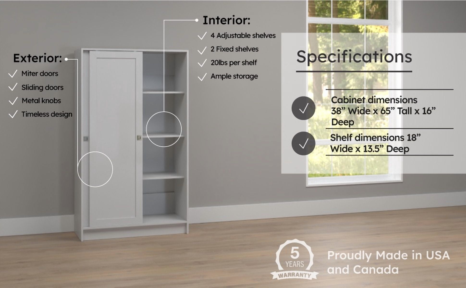 Prepac Elite Plus 38" Wide Storage Cabinet, 65" Tall Pantry Cupboard with 2 Fixed and 4 Adjustable Shelves, Laundry Room Cupboard with Sliding Doors and Metal Knobs, Living Room Accent Cabinet, White