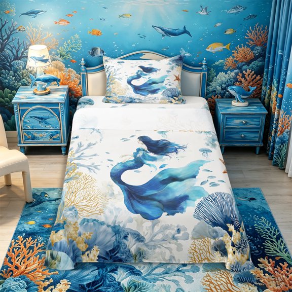 Castle Fairy Dreamy Watercolor Mermaid Print Twin Sheets 3pcs,Coral Jellyfish Pastel Sea Layout Bedding,Sky Lavender,1 Fitted Sheet,1 Flat Sheet and 1 Pillowcase