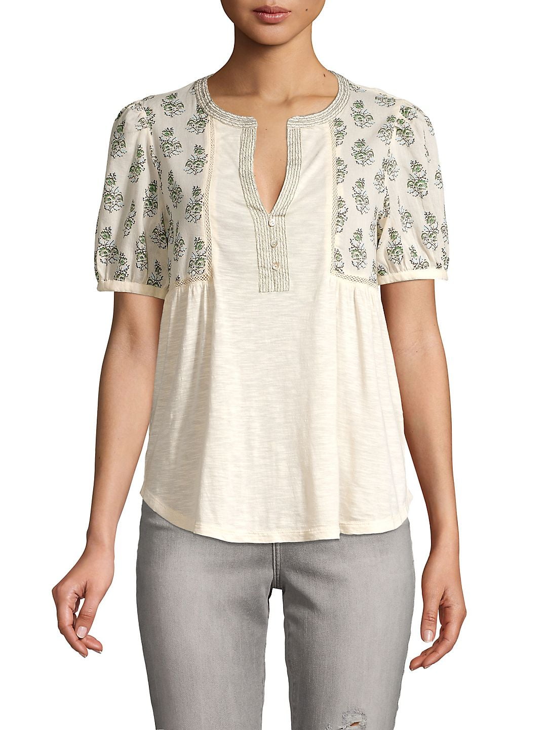 Lucky Brand Women’s Cream Floral Print Short Sleeve Blouse Size L MSRP $49.50