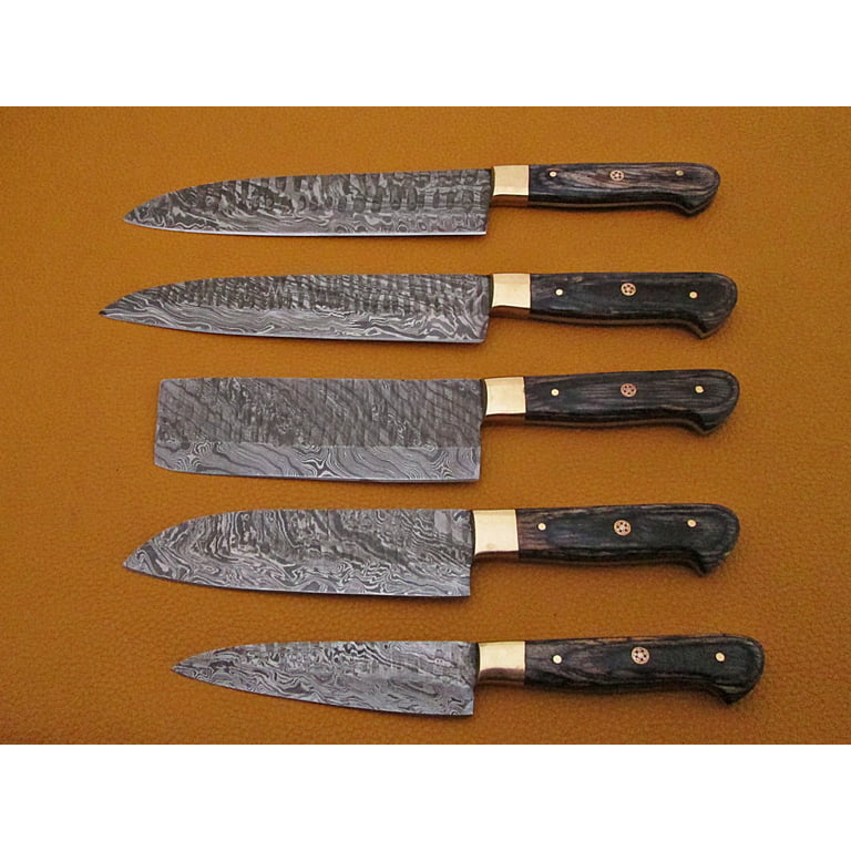 Damascus Steel Chef Knife Set With Leather Carry Bag 5 Kitchen Knives Set