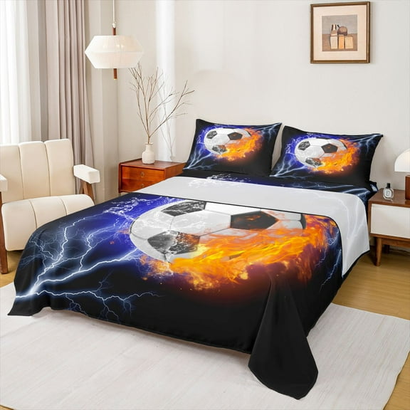 Homewish Football Soccer Twin Sheet Sets,Ball Sport Game Twin Fitted Sheet,Black Orange White Flat Sheet For Teens,Luxury Bedroom Decor,3 Pieces