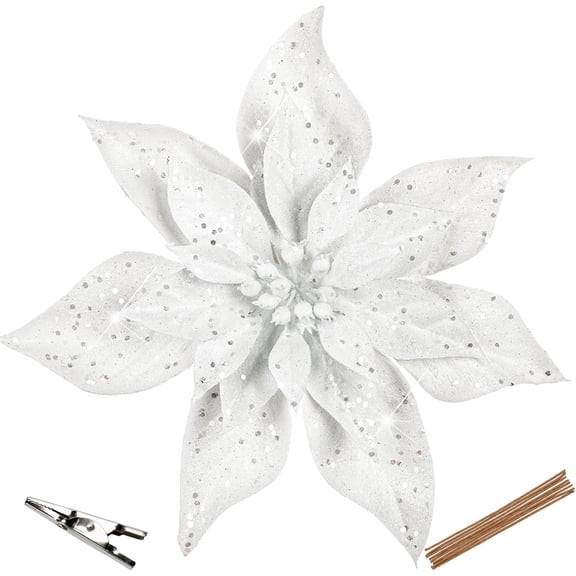 9'' Poinsettia Christmas Flowers 8PCS Glitter Floral Picks Large Xmas Ornament Flowers for Home Xmas Tree Wreath Garland Indoor Outdoor Decoration
