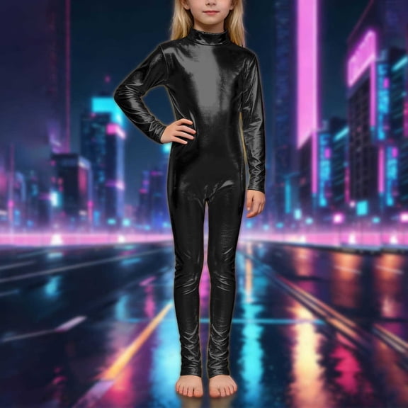ZHOGXU Kids Girls Romper Long Sleeve Turtleneck Solid Color Stretchy Comfortable Jumpsuit Bodysuit For Stage Performance,Black,7-9 Years